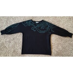 Chico's Black Teal Scroll Print Knit Top Size 2 Large Long Sleeve Pullover Soft